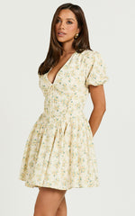 Jefelyn Mini Dress - Puff Sleeve Fit & Flare Dress in Lemon Vintage Floral