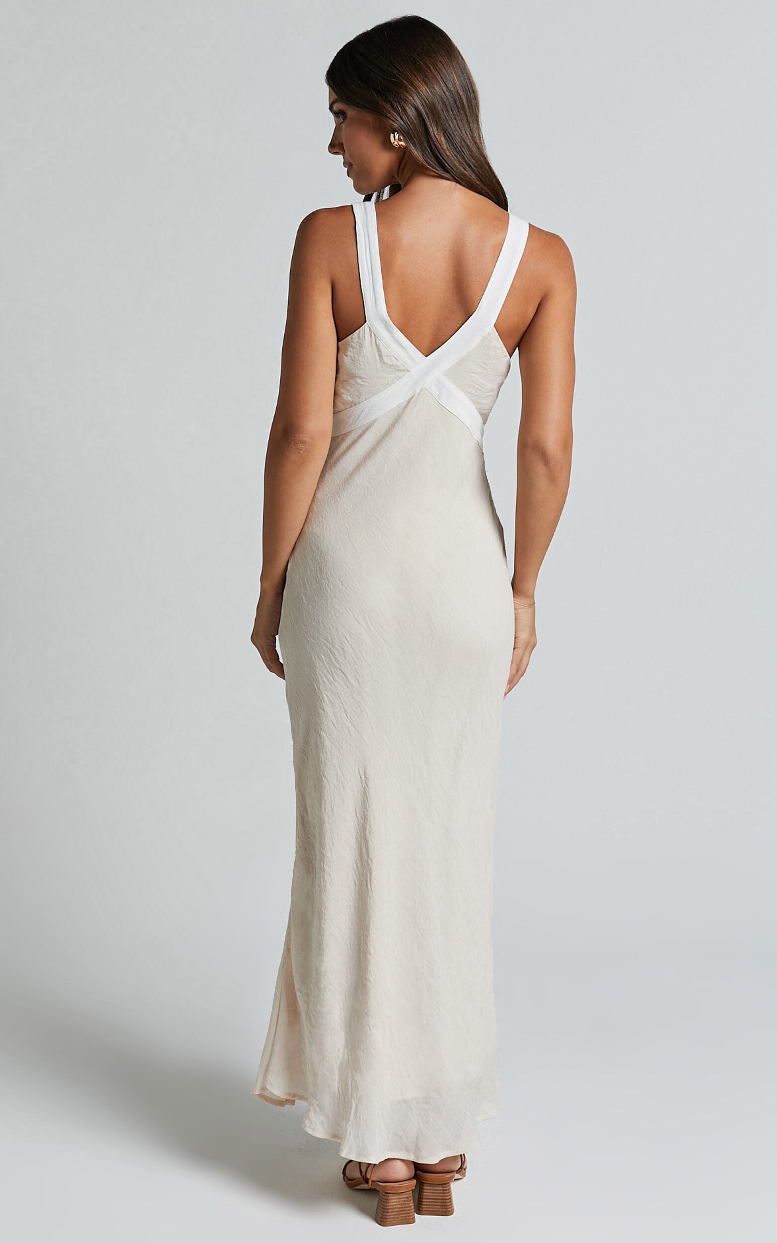 Chakyra Midi Linen Dress - Contrast Strap Bias Cut Column Dress in Beige with White Contrast