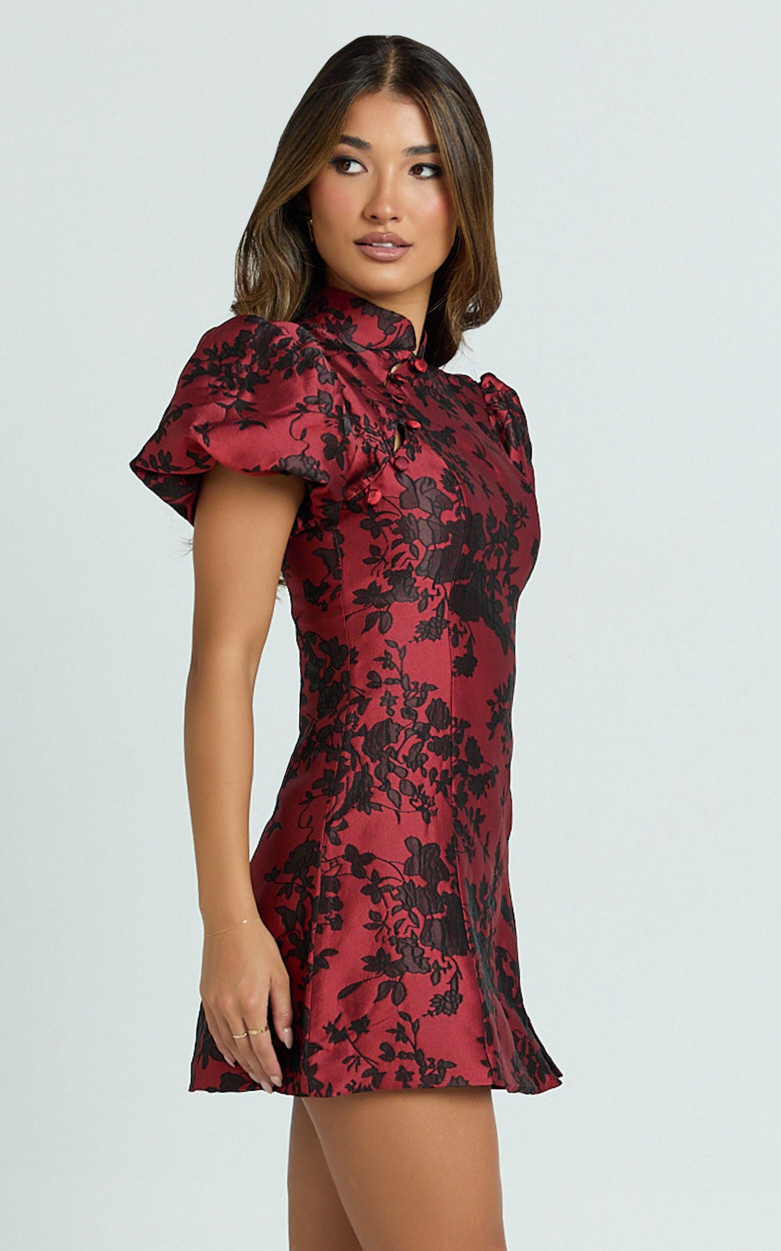 Mackay Mini Dress - Jacquard High Neck Puff Sleeve Dress in Red