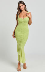 Kody Midi Dress - Bodycon Ruched Mesh Cut Out Dress in Lime