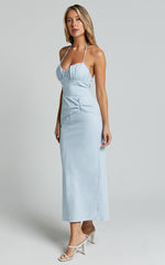 Zora Midi Dress - Halter Ruched Bust Slip Dress in Pale Blue