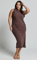 Jessenia Midi Dress - Linen High Neck Dress in Chocolate