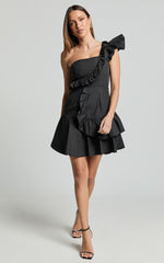 Valerie Mini Dress - One Shoulder Ruffle Detail A Line Dress in Black