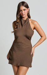 Martine Mini Dress - Halter Cowl Neck Low Tie Back Dress in Brown