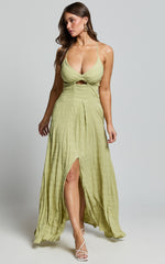 Marisse Maxi Dress - Cut Out Front Split Cross Back Textured Dress in Celery