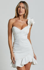 Bethany Mini Dress - One Shoulder Ruffle Detail Dress in Cream
