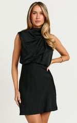 Schantal Mini Dress - Drape Neck Satin Slip Dress in Black