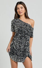 Katrine Mini Dress - Off Shoulder Shift Sequin Dress in Black