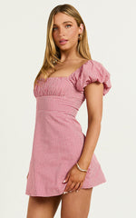 Ginny Mini Dress - Square Neck Ruched Bodice Puff Sleeve Straight Dress in Red Gingham