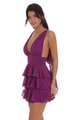 Plunge Neck Ruffle Dress in Purple