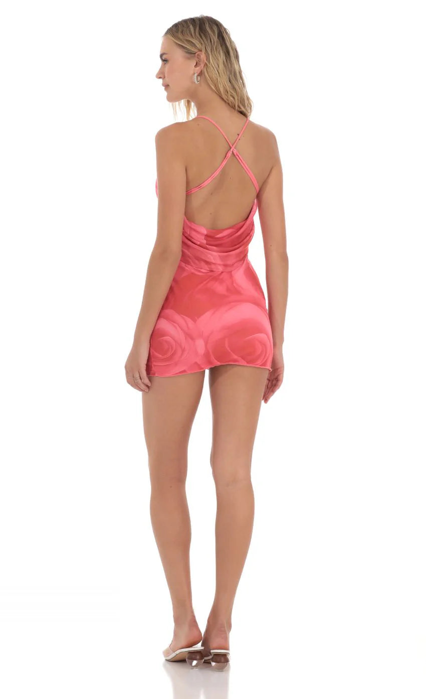 Mesh Rose Bodycon Dress in Pink and Red