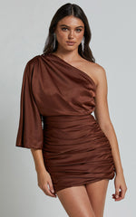 Carolleen Mini Dress - One Shoulder Ruched Bodycon Satin Dress in Chocolate