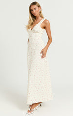 Mauriel Midi Dress - Deep V Gathered Bust Slip Dress in Lemon Floral