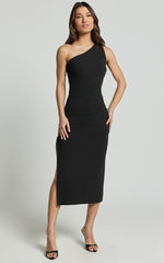 Monette Midi Dress - One Shoulder Straight Dress in Black