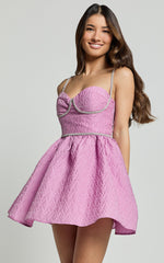 Grayson Mini Dress - Jacquard Sweetheart Diamante Detail Mini Dress in Lilac