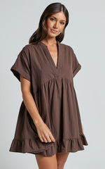 Calissa Mini Dress - Frill Hem Smock Dress in Chocolate