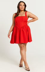 Aimee Mini Dress - Scoop Neck Corset Gathered Dress in Red