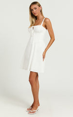 Maiya Mini Dress - Tie Front Fitted Bodice Dress in White