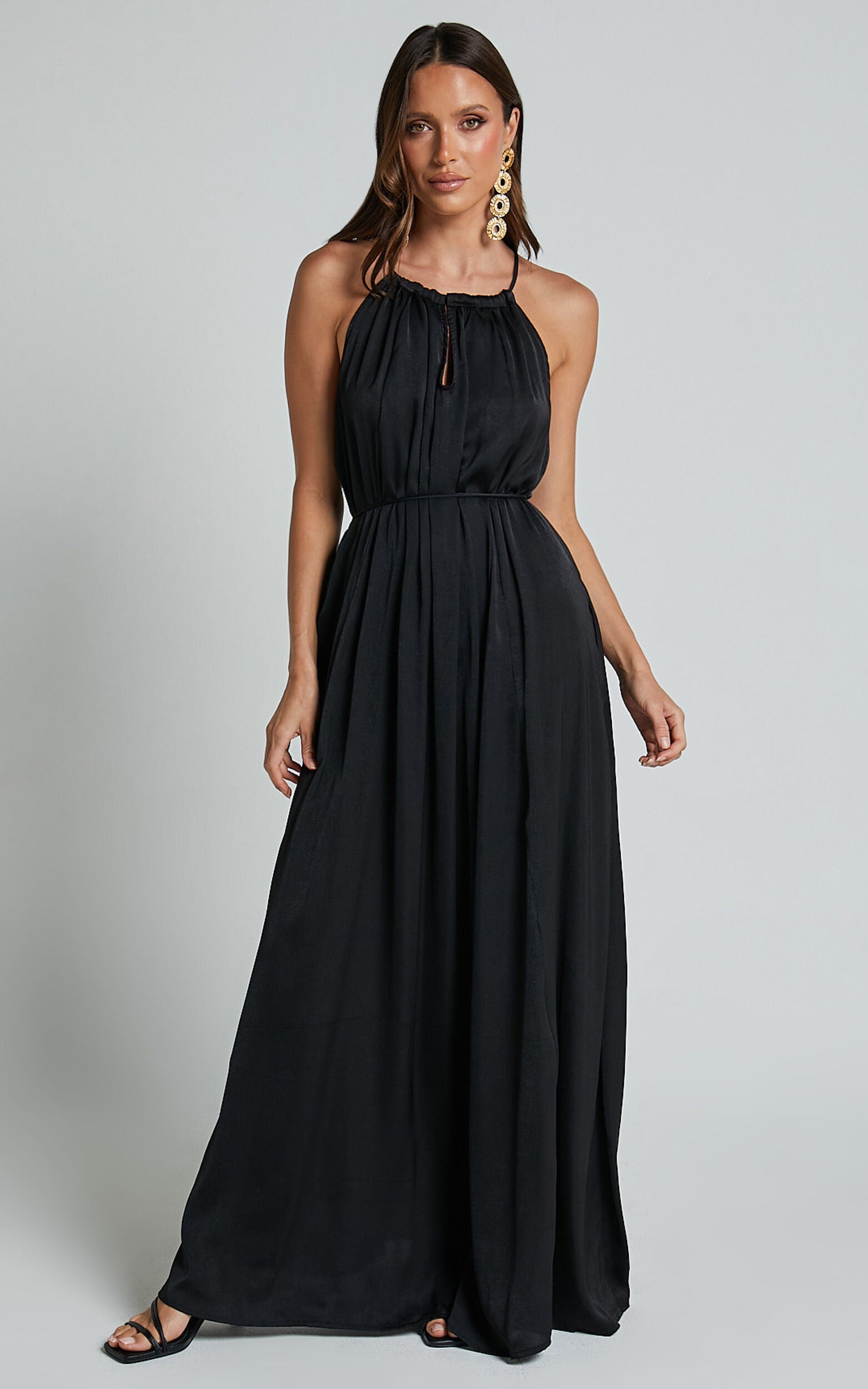 Aliciana Maxi Dress - Halter Neck Tie Back Dress in Black
