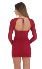 Mesh Long Sleeve Dress in Red