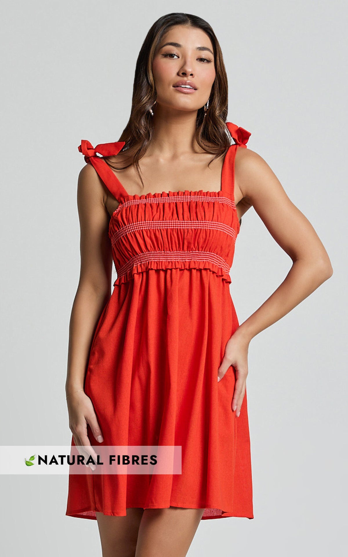 Cloe Mini Dress - Linen Tie Shoulder Shirred Dress in Red