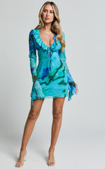Alesya Mini Dress - Ruffle Plunge Neck Long Sleeve Tie Detail Dress in Blue Floral Print