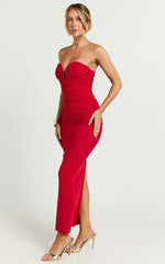 Gianni Maxi Dress - Plunge Ruched Mesh Column Dress in Red