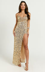 Nala Maxi Dress - Sequin Cowl Neck High Split Dress in Gold
