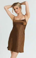 Mikaila Mini Dress - Cut Out Back Satin Slip Dress in Chocolate