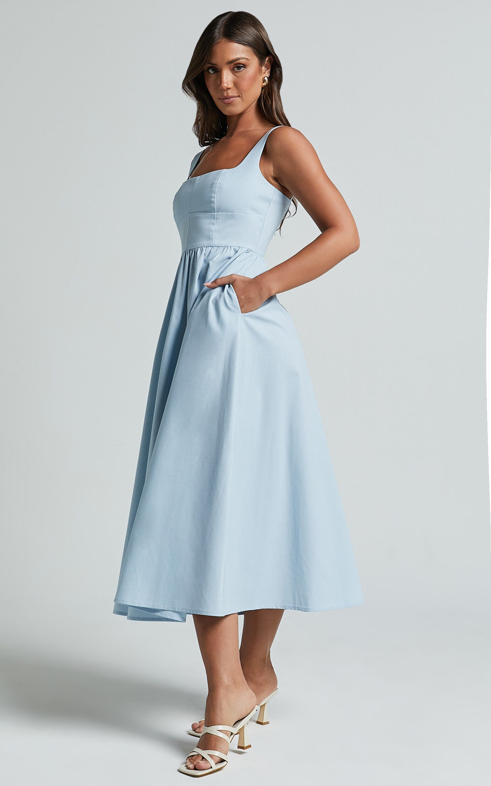 Khari Midi Dress - Linen Look Square A Line Dress in Blue