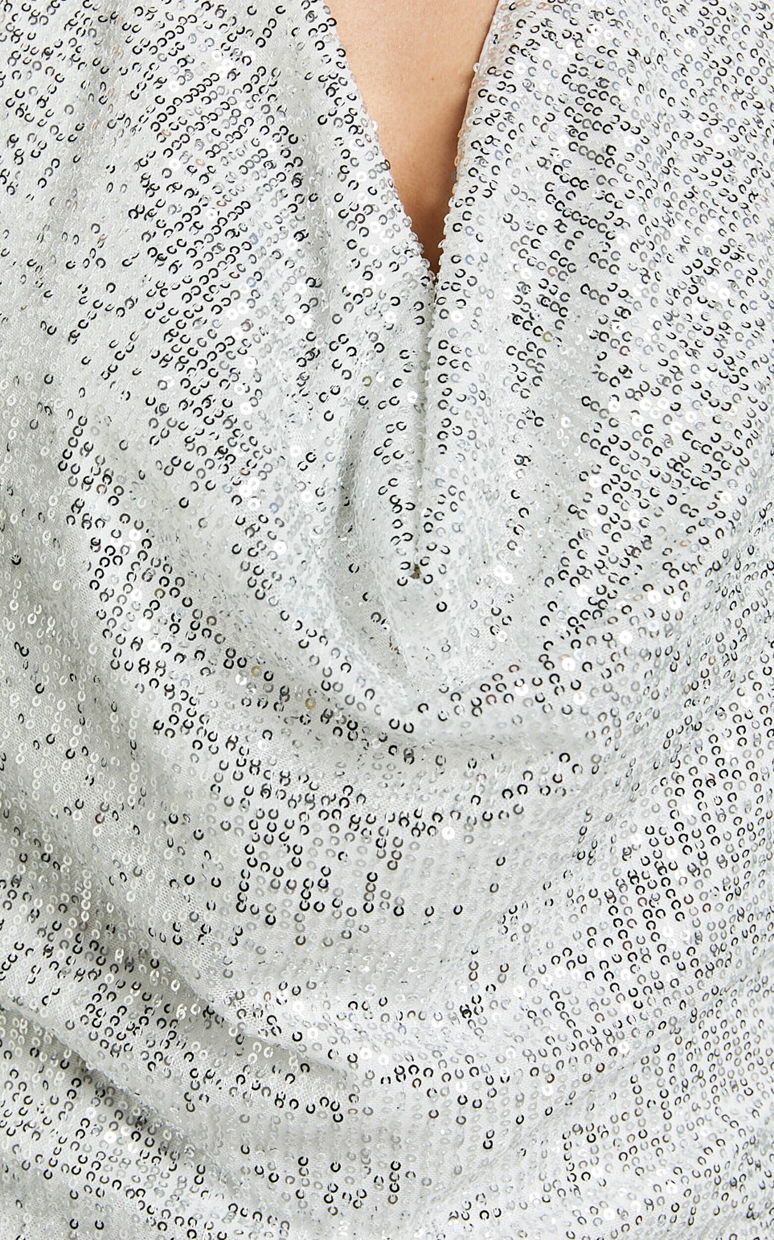 Cynthina Mini Dress - Sequin Cowl Halter Neck Wrap Dress in Silver