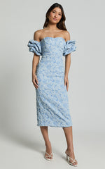 Brielle Midi Dress - Off the Shoulder Short Sleeve Sweetheart Dress in Soft Blue