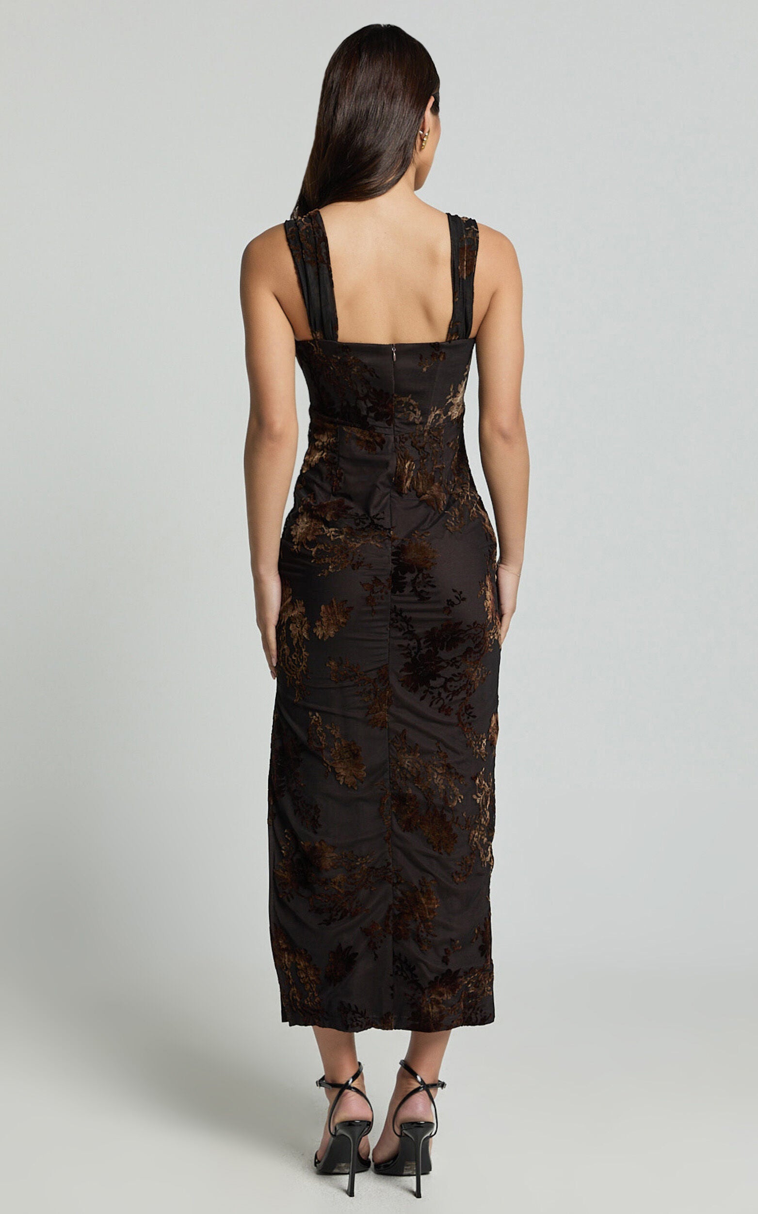 Ruched Corset Burnout Midi Dress in Black and Brown