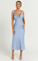 Soft Petal Midi Dress - Cowl Crossover Back Dress in Cornflower Blue