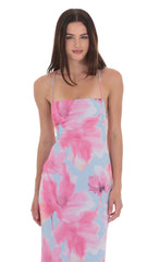 Floral Open Back Maxi Dress in Blue and Pink