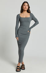 Lucy Midi Dress - Ribbed Side Ruched Bodycon Dress in Charcoal