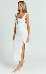 Archie Midi Dress - Ruched Bust Fitted Straight Broiderie Dress in White