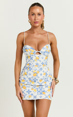 Frances Mini Linen Dress - Ruched Lace Up Back Dress in LIMENCELLO TILE