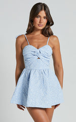 Chrissy Mini Dress - Sweetheart Tie Strap Cut Out Dress in Soft Blue