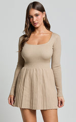 Andi Mini Dress - Long Sleeve A Line Pleated Knit Mini Dress in Beige