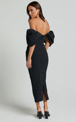 Lohan Midi Dress - Off Shoulder Puff Sleeve in Black