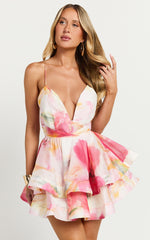 Amalie The Label - Felicity Plunge Tiered Mini Dress in Domeka Bloom Print