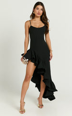 Maura Maxi Dress - Scoop Neckline Ruffle High Low Dress in Black