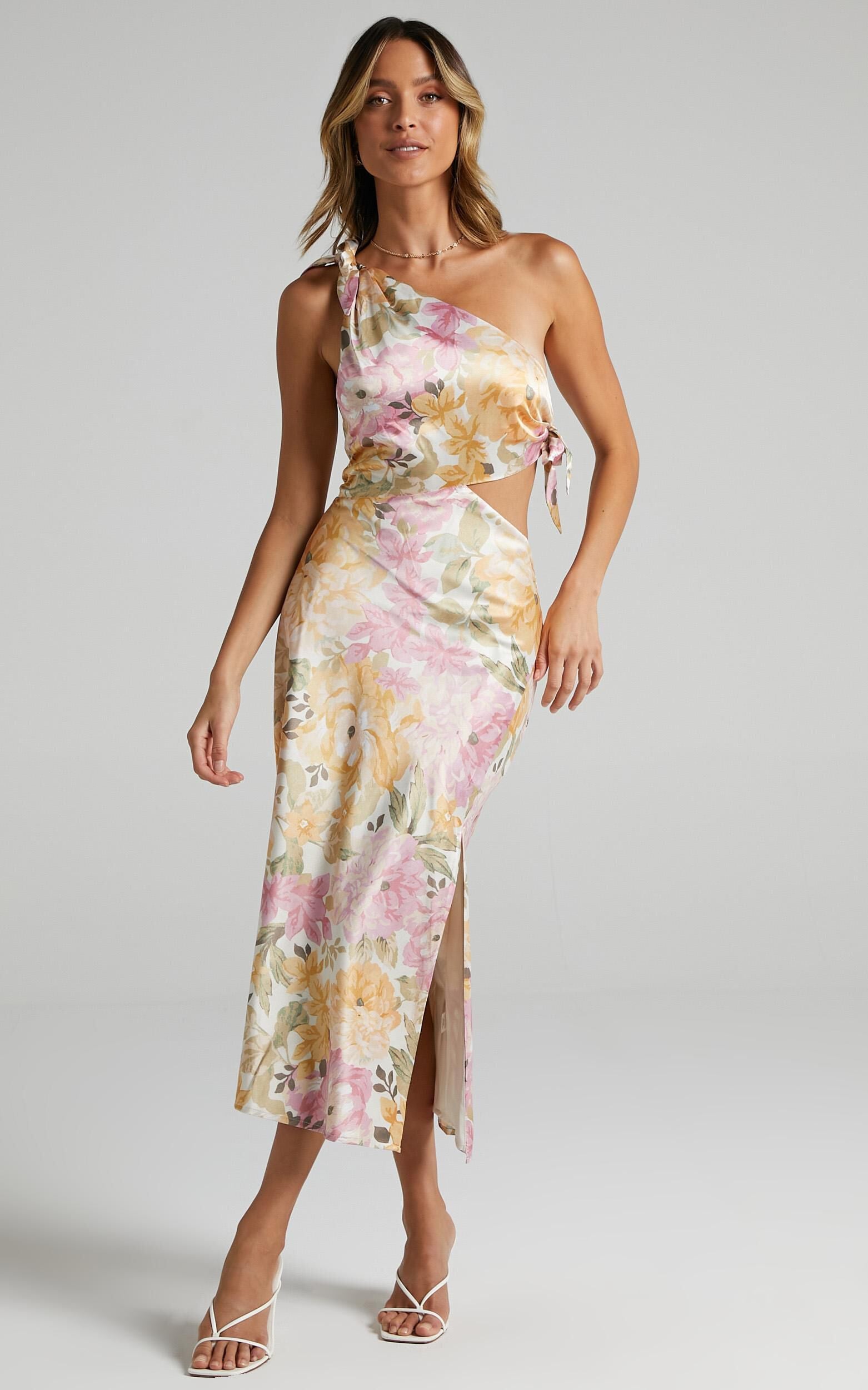 Glaucus Midi Dress - One Shoulder Cut Out Dress in Elegant Rose