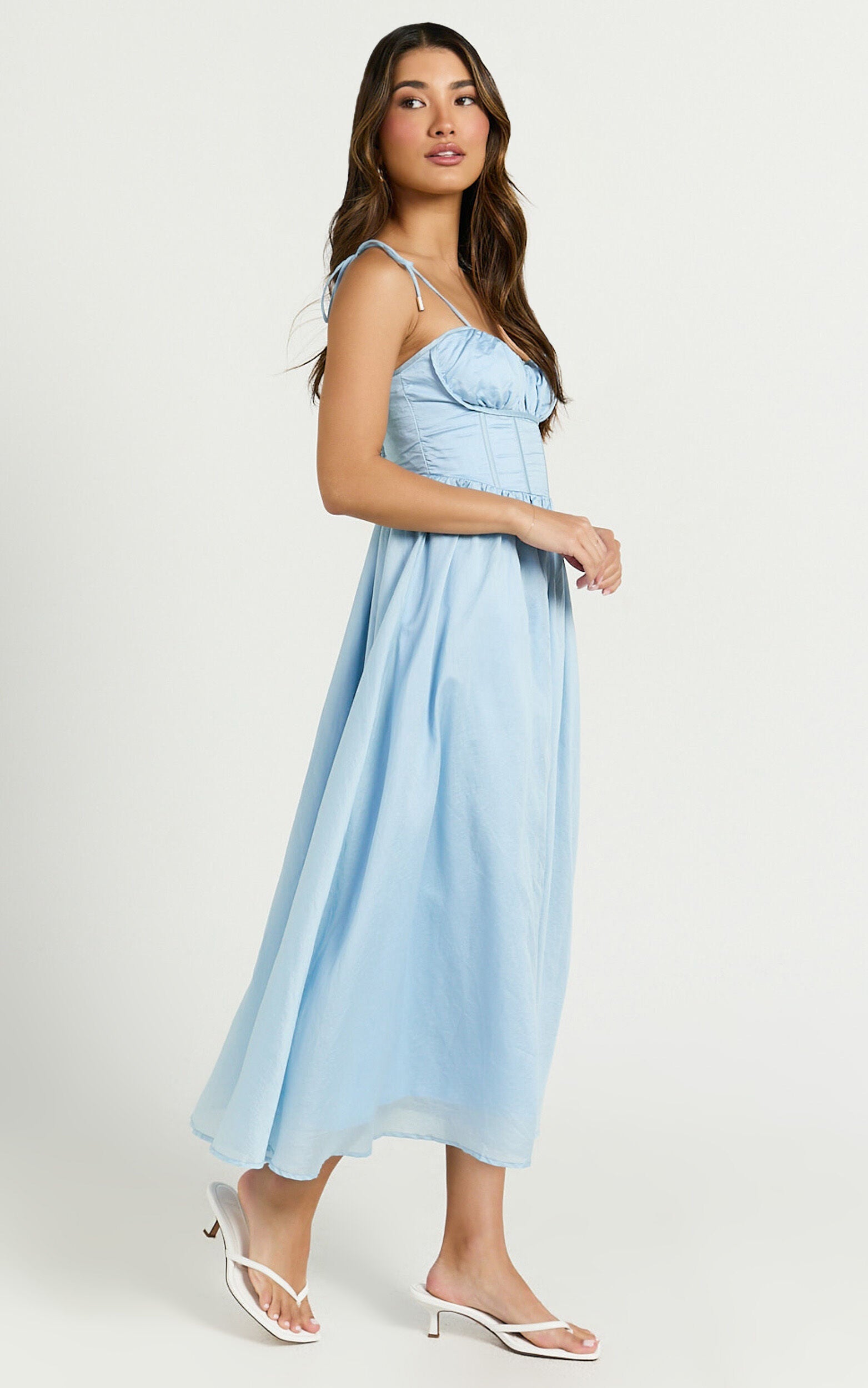 Dolores Midi Dress - Strappy Ruched Bust Corset Waist Dress in Blue
