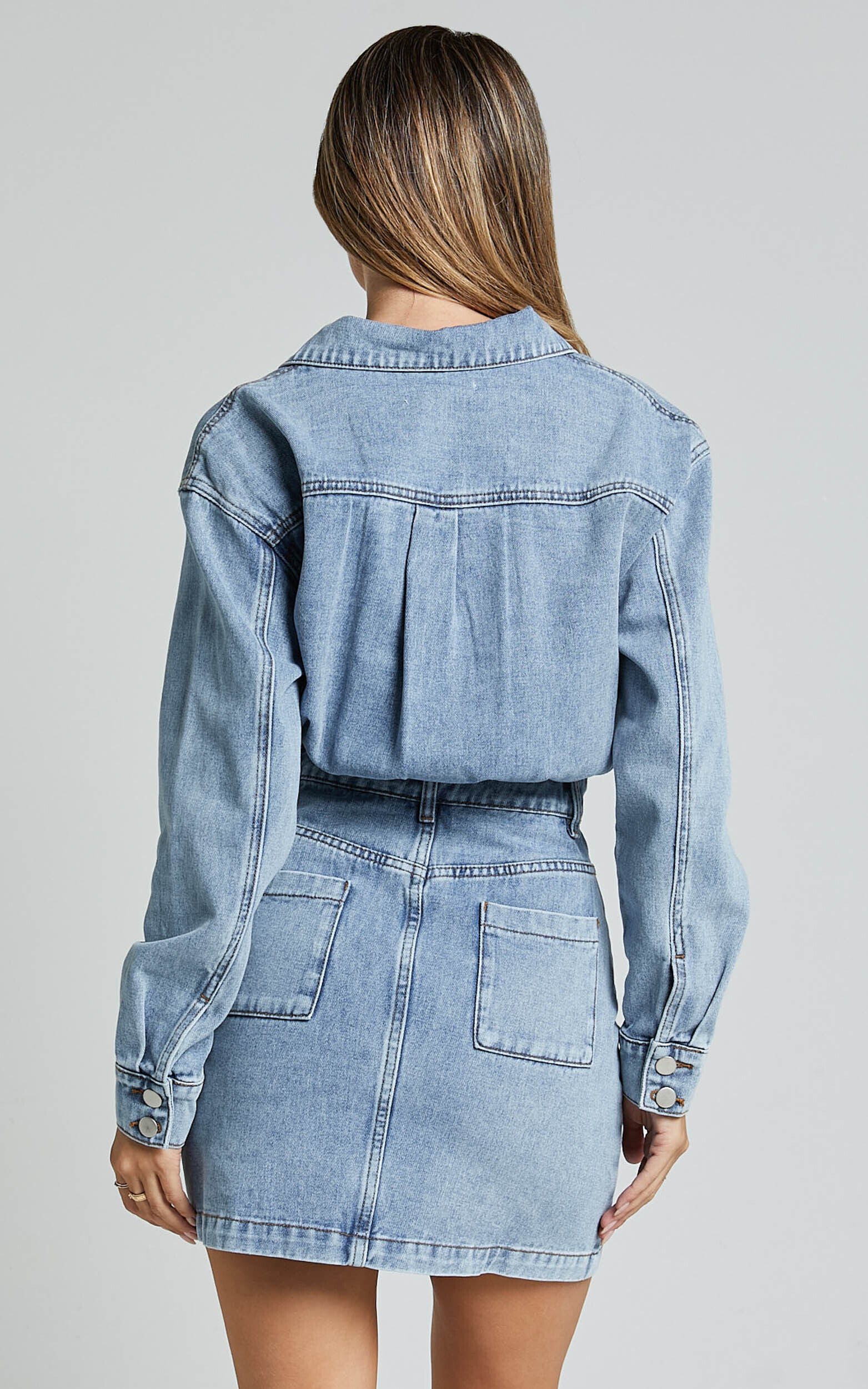 Kamala Mini Dress - Long Sleeve Button Through Denim Dress in Light Blue Wash