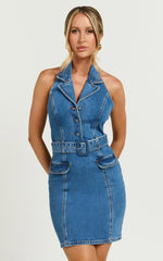 Remi Mini Dress - Halter Belt Denim Dress in Dark Blue Wash