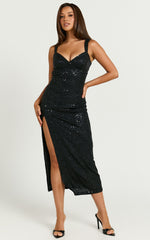 Arizza Midi Dress - Open Back Sequin Knit Dress in Black