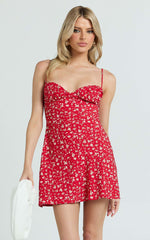 Hilton Mini Dress - Ruched Bust Slip Dress in Red Floral