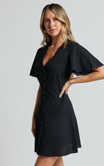 Sahar Mini Dress - Flutter Sleeve Button Through Dress in Black